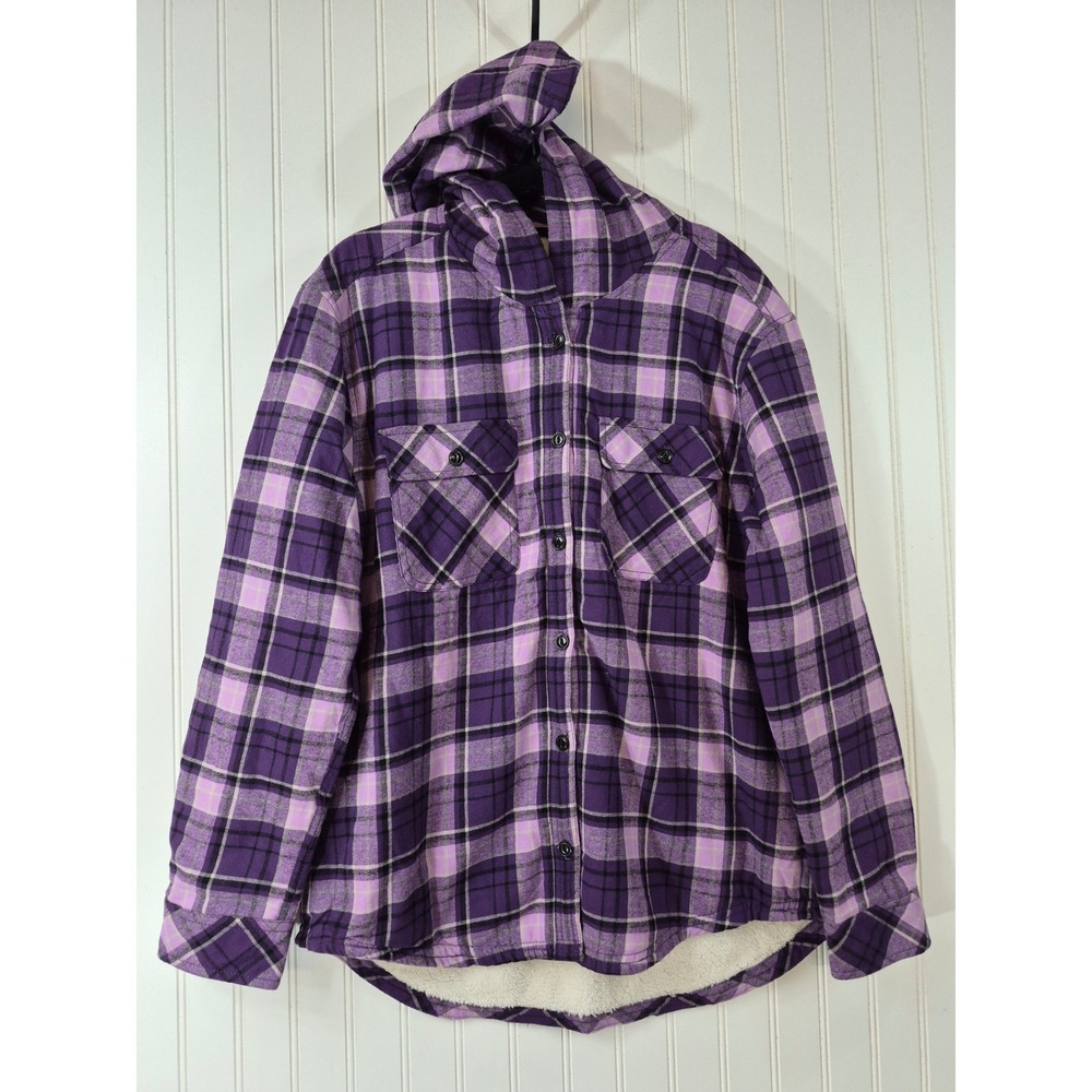 NWOT Boston Traders Purple Plaid Hooded Flannel Shirt Jacket Faux Shearling L